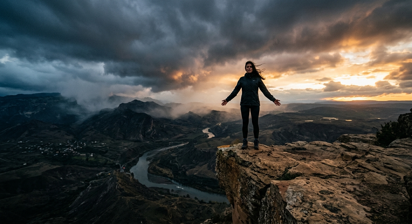 A determined person standing at the edge of a vast, dramatic cliff overlooking a stormy yet awe-inspiring landscape, facing forward with arms slightly outstretched, embodying courage and readiness to leap into the unknown.