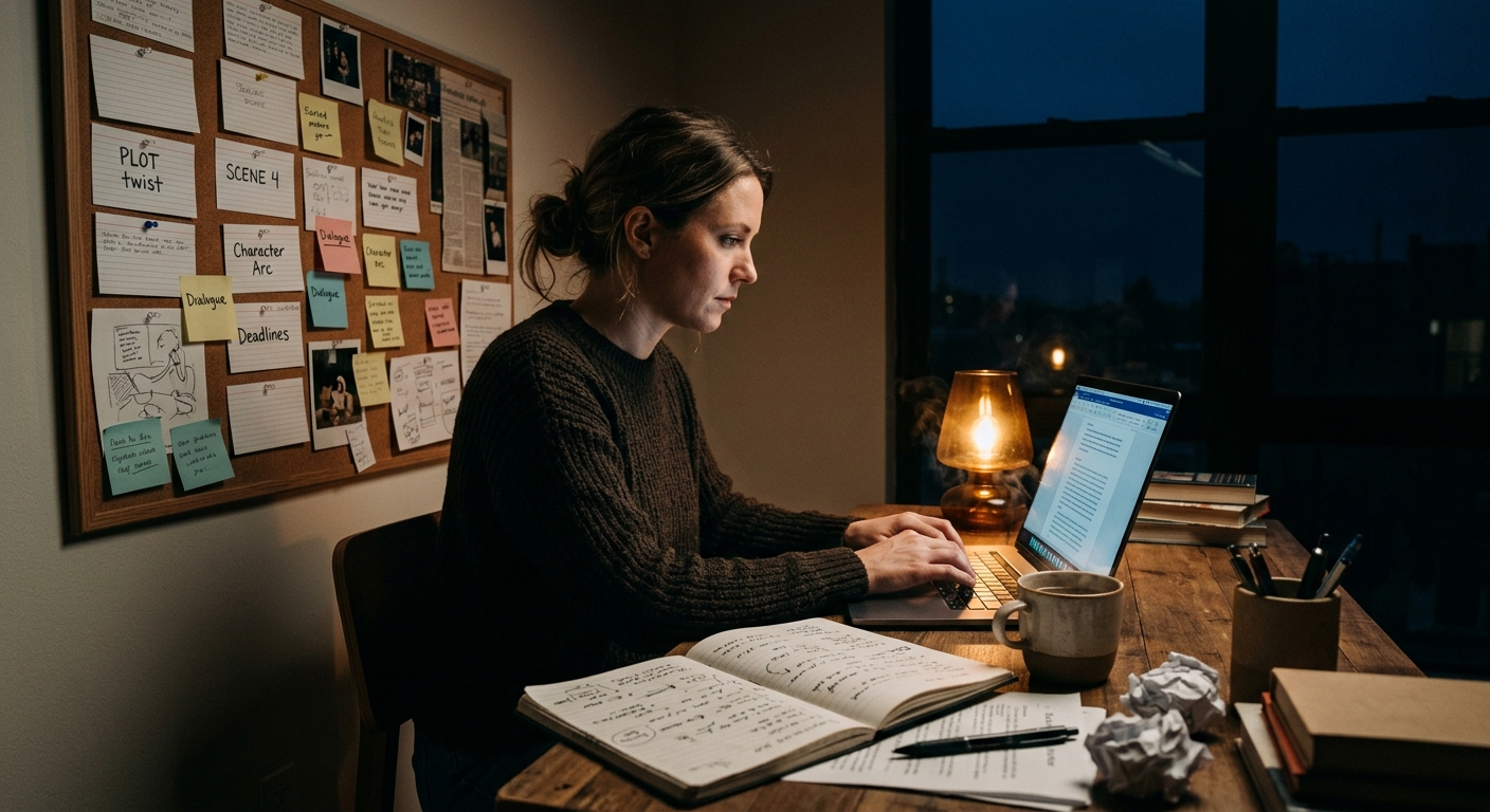 A focused writer sits alone at a minimalist wooden desk in the early morning hours, a steaming cup of coffee beside a glowing laptop screen, warm amber light casting soft shadows across an open notebook filled with handwritten ideas and rough sketches. The scene conveys productive solitude and creative momentum — crumpled draft papers nearby, sticky notes and index cards pinned to a corkboard on the wall, a sense of organized creative energy. The atmosphere is calm yet purposeful, blending the rawness of the drafting process with the discipline of a practiced craft. Photorealistic editorial style with a warm, cinematic color palette emphasizing deep blues of early morning and golden lamplight.