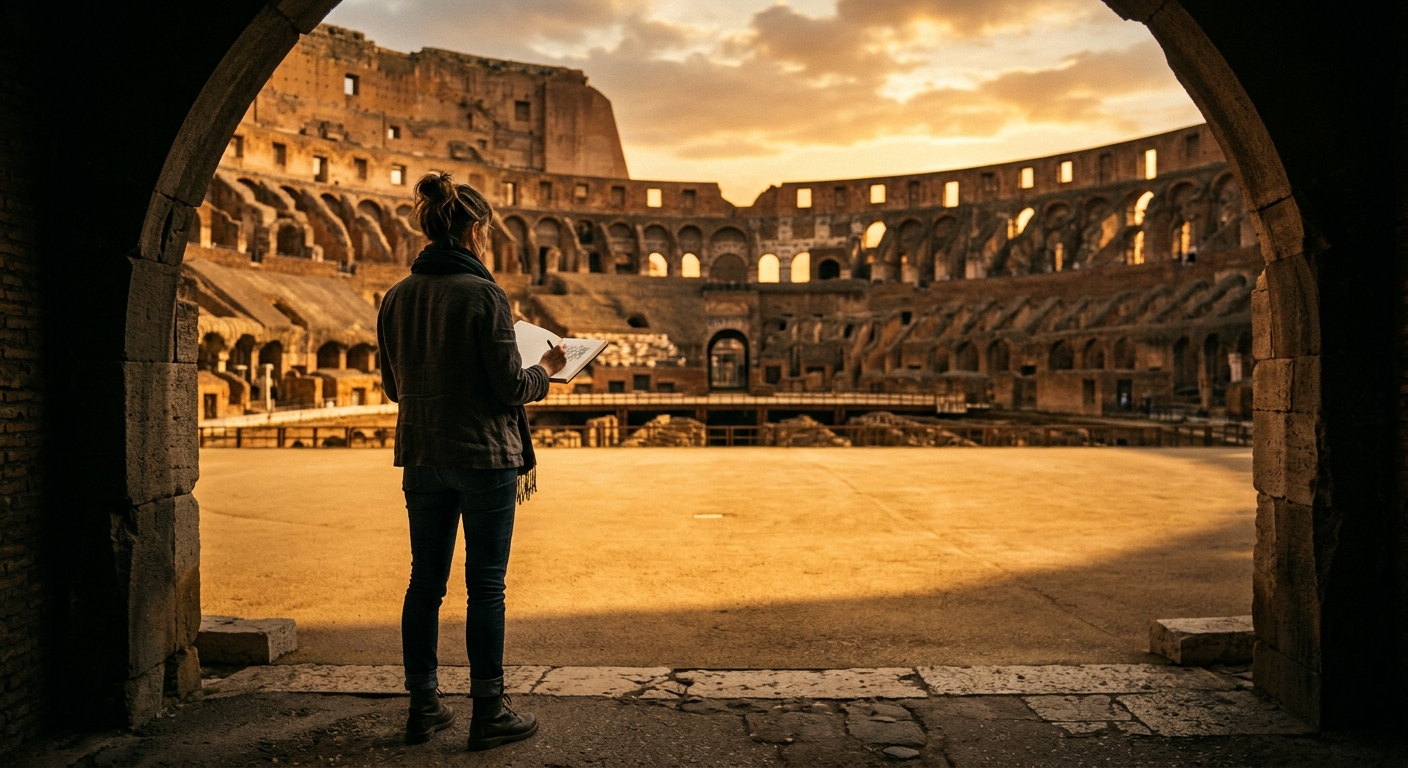 A lone figure holds an artist's sketchbook and a pen, dressed in casual modern clothing, symbolizing a creative professional. The arena floor stretches wide and empty ahead of them, illuminated by a warm, glowing sunset that casts long shadows. The atmosphere is both awe-inspiring and slightly intimidating — conveying courage, vulnerability, and the threshold of a pivotal decision. Cinematic, editorial photography style with rich contrast, warm amber and deep shadow tones, evoking themes of bravery, creative risk-taking, and the call to show up fully in life.