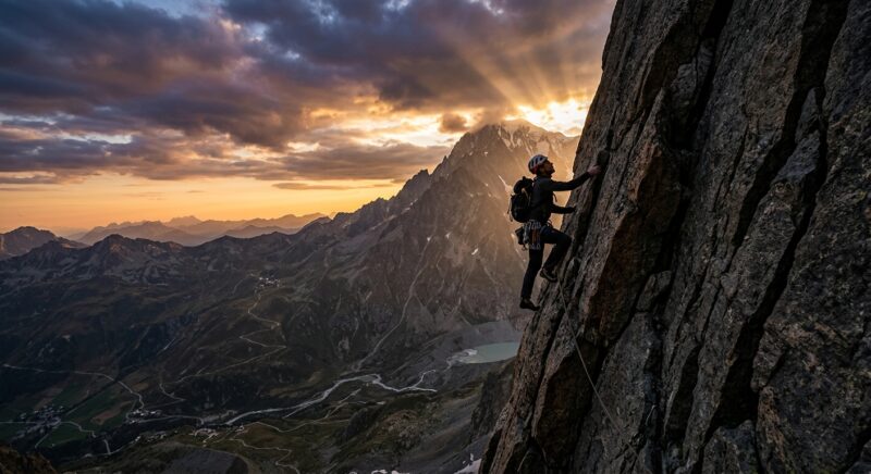 A lone mountain climber ascending a steep, rugged cliff face at golden hour, gripping the rock with determination, silhouetted against a dramatic sky filled with warm amber and deep violet hues. Below, a vast landscape stretches into the distance showing the immense journey already traveled. The figure is small against the towering mountain, conveying both human vulnerability and indomitable spirit. Rays of light break through clouds above the summit, suggesting breakthrough and triumph ahead. The mood is powerful, inspirational, and cinematic. Photorealistic editorial style with rich contrast and depth.
