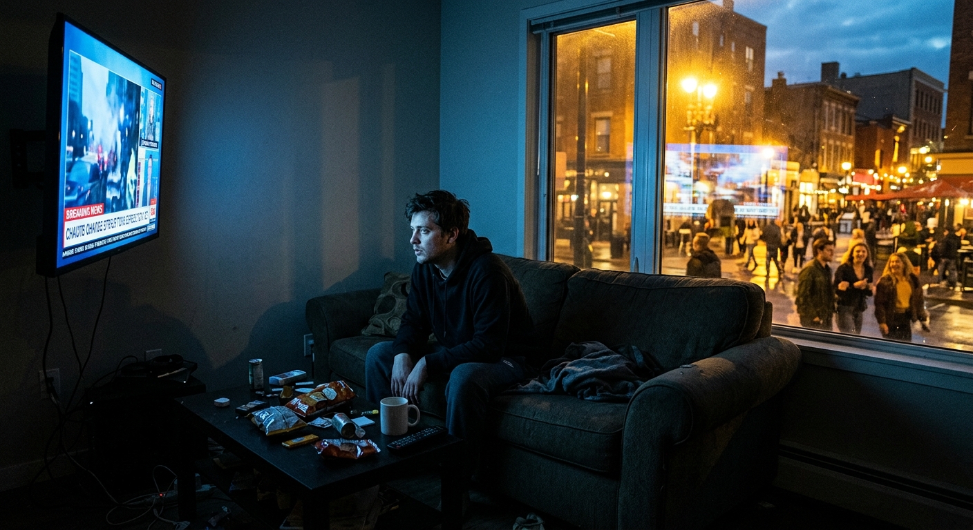 A person sitting alone on a couch in a dimly lit living room, bathed in the cold blue glow of a large television screen, looking visibly dazed and disconnected. The room feels hollow and isolating despite being furnished. In contrast, through a nearby window, warm golden light spills in from outside where life is vibrant and active. The composition emphasizes the contrast between passive consumption and meaningful living. Photorealistic editorial style with dramatic lighting, cinematic mood, desaturated interior tones versus warm exterior tones.