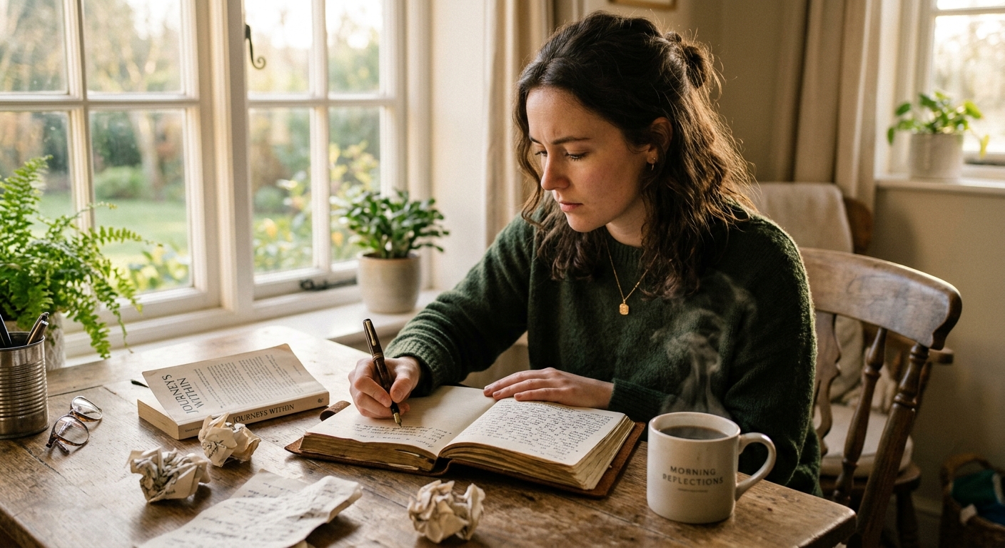 A person sitting at a wooden desk in warm morning light, writing longhand in an open journal with a fountain pen, steam rising from a cup of coffee nearby. The scene is peaceful and introspective, bathed in soft golden sunrise light filtering through a window. Scattered around the desk are a few crumpled pages and an open book. The overall mood is contemplative and creative, with a sense of quiet struggle giving way to flow. Photorealistic editorial style, shallow depth of field, warm tones.
