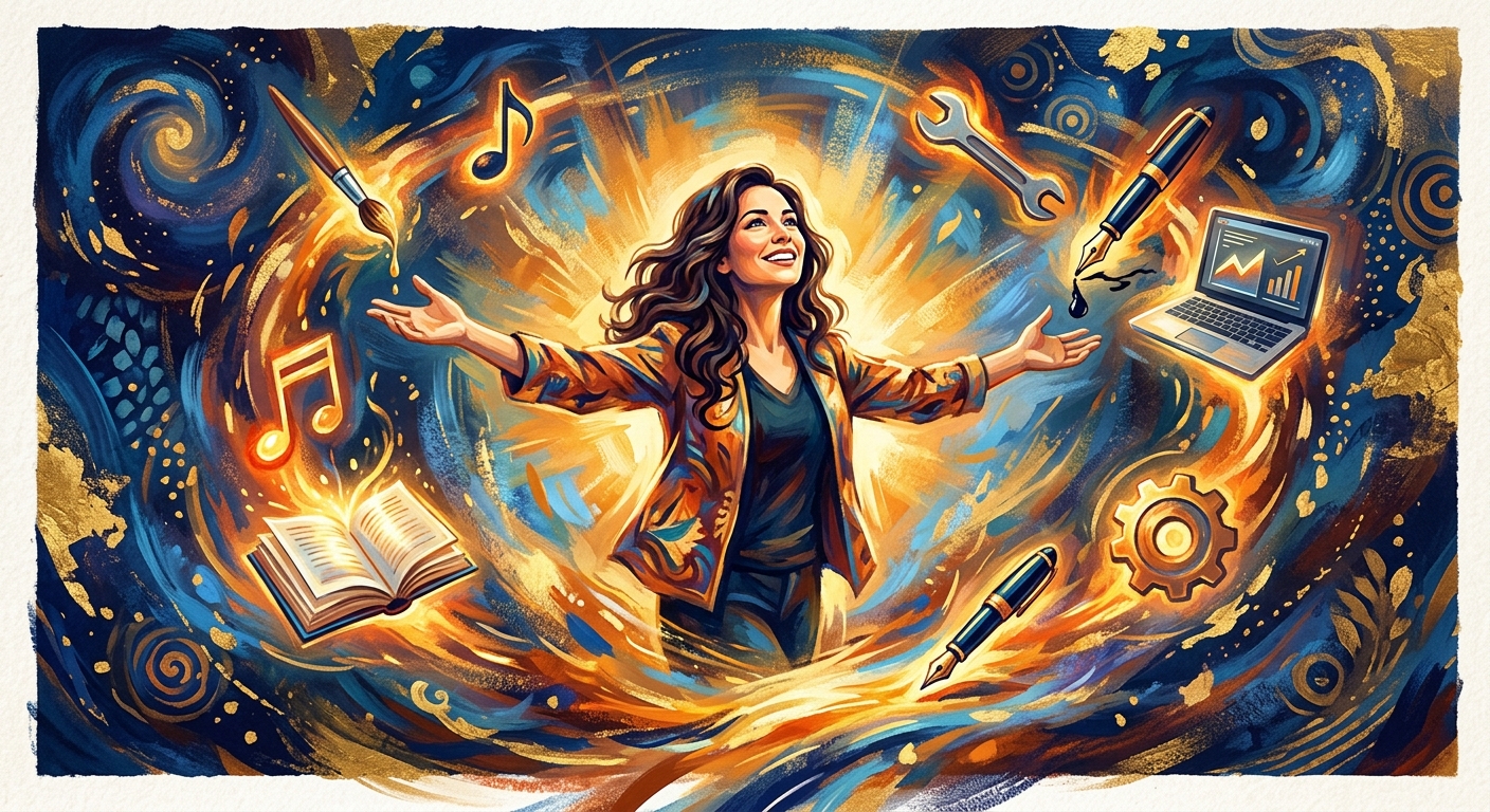 A radiant, editorial-style illustration of a person standing at the center of a luminous burst of creative energy, arms outstretched with joy and purpose, surrounded by swirling symbols of diverse passions — a paintbrush, a musical note, a book, a wrench, a pen, a laptop — all glowing warmly against a deep, rich background of midnight blue and gold. The figure radiates confidence and fulfillment, bathed in warm amber light, evoking the feeling of being deeply engaged in work one truly loves. The mood is uplifting, timeless, and inspirational, rendered in a painterly, impressionistic style with dynamic brushstrokes and a sense of boundless possibility.