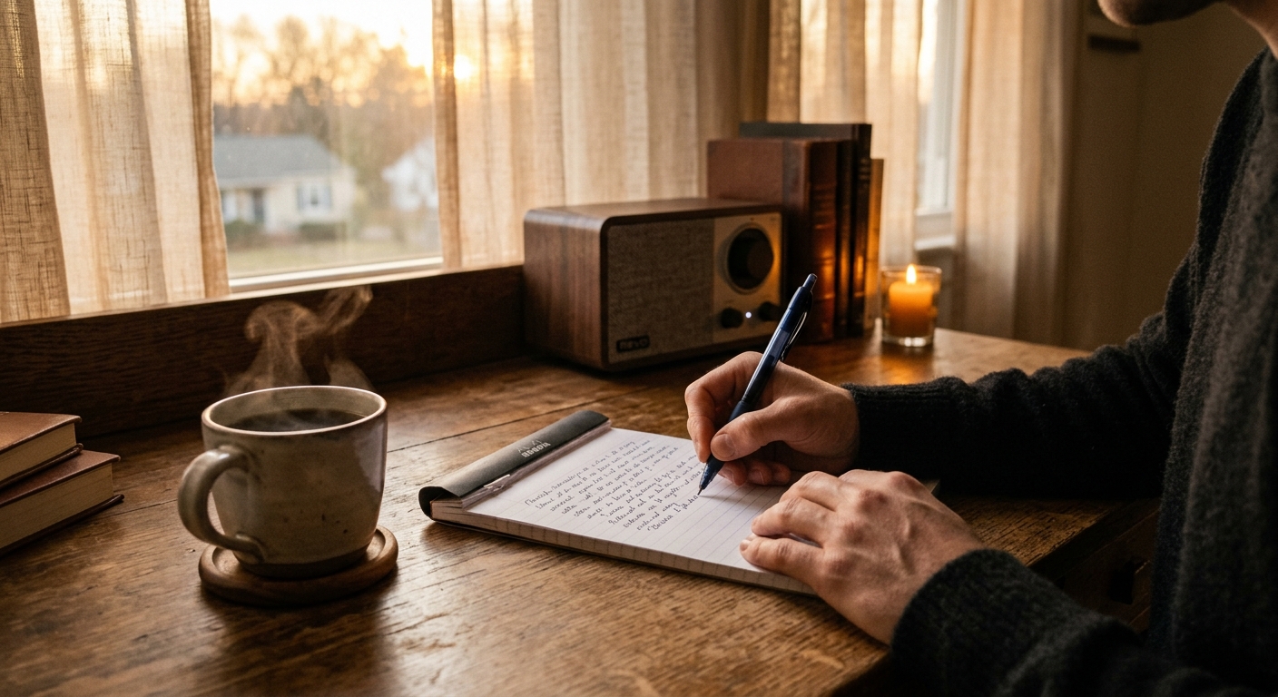 A serene early morning writing scene at a wooden desk near a window with soft golden dawn light filtering through sheer curtains. A person's hands are visible writing in a top-bound notebook with a smooth gel pen, a steaming mug of coffee or tea resting nearby. Gregorian chant music implied by a small vintage-style speaker in the background. The atmosphere is peaceful, meditative, and intentional — warm amber tones, soft shadows, a candle flickering gently, and the quiet stillness of a personal ritual before the world wakes up. Editorial lifestyle photography style, shallow depth of field, intimate and contemplative mood.