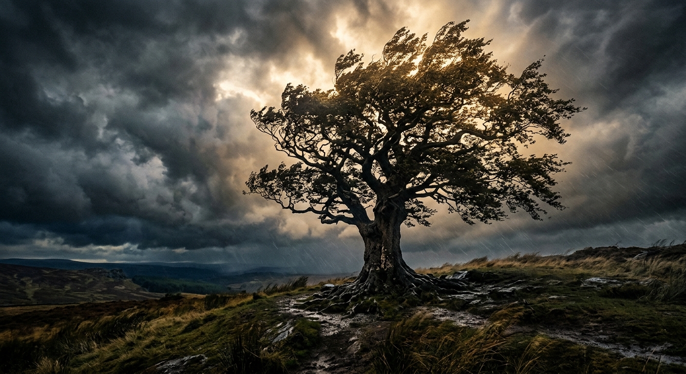 A solitary ancient oak tree standing boldly on an open hilltop during a dramatic storm, its massive gnarled trunk and expansive canopy silhouetted against a turbulent sky filled with dark swirling clouds and rays of golden light breaking through. Rain and wind visibly bend the branches yet the tree stands rooted and immovable, its deep roots partially visible gripping the earth. The scene conveys resilience, strength, and endurance, rendered in a painterly, editorial style with rich earthy tones, deep greens, stormy grays, and warm golden light illuminating the tree's crown.